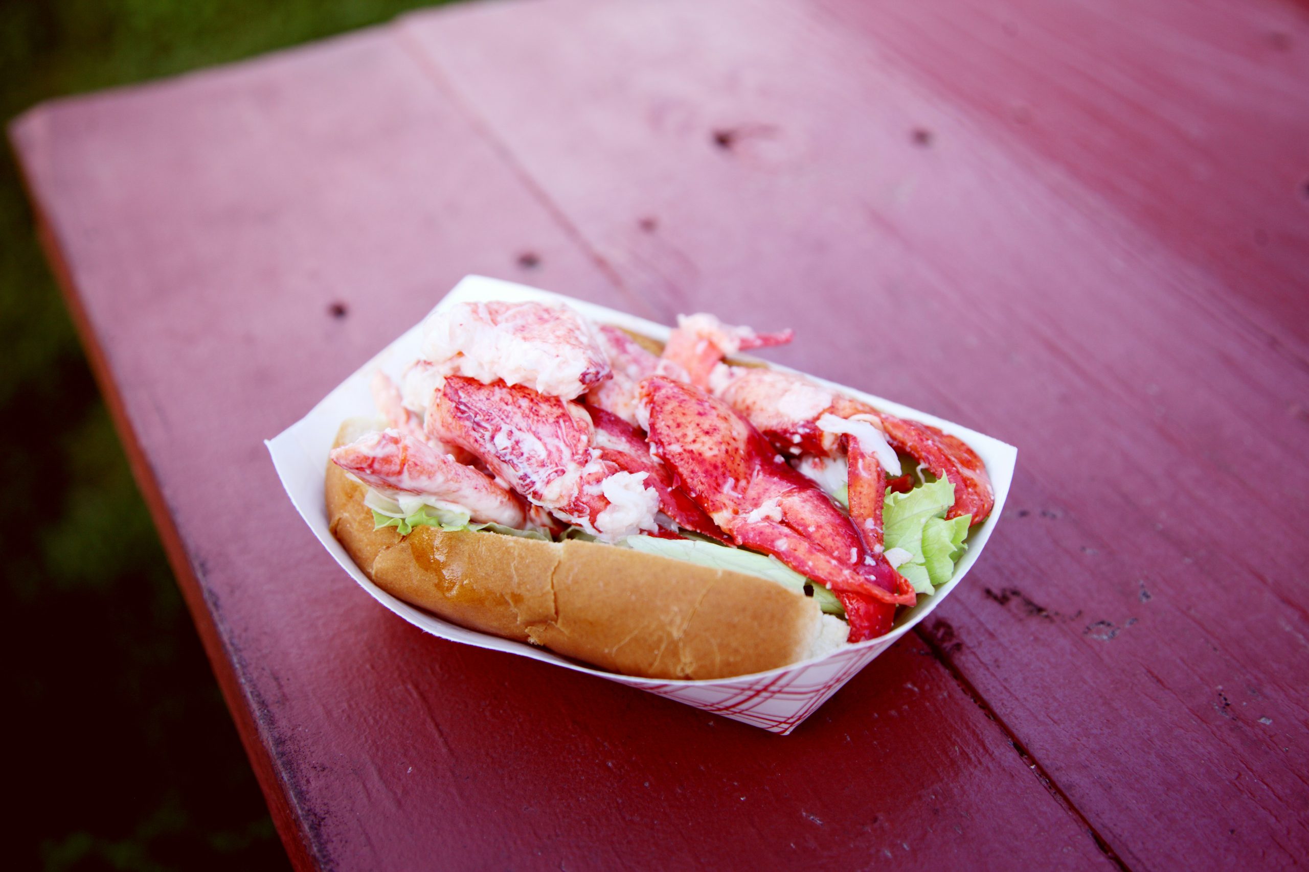 Lobster Roll on Picnic Table